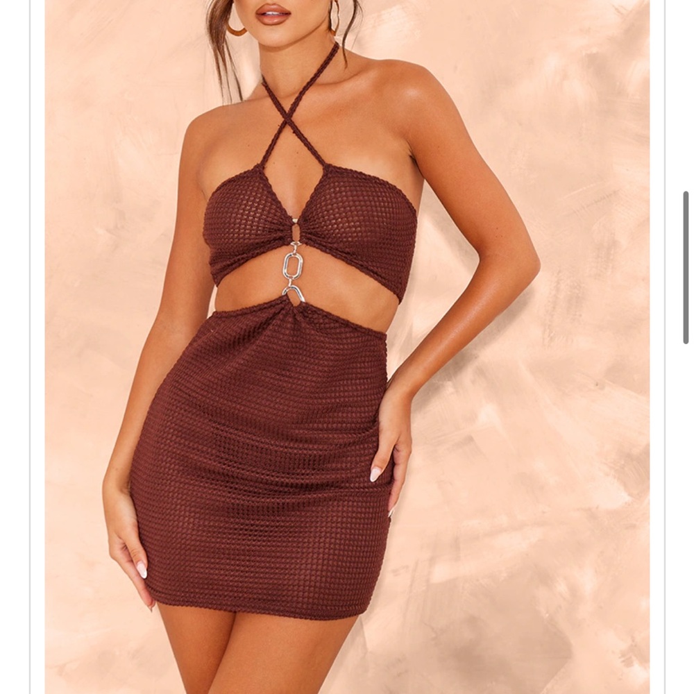 PrettyLittleThing Chocolate Waffle Texture Halterneck Mini Dress